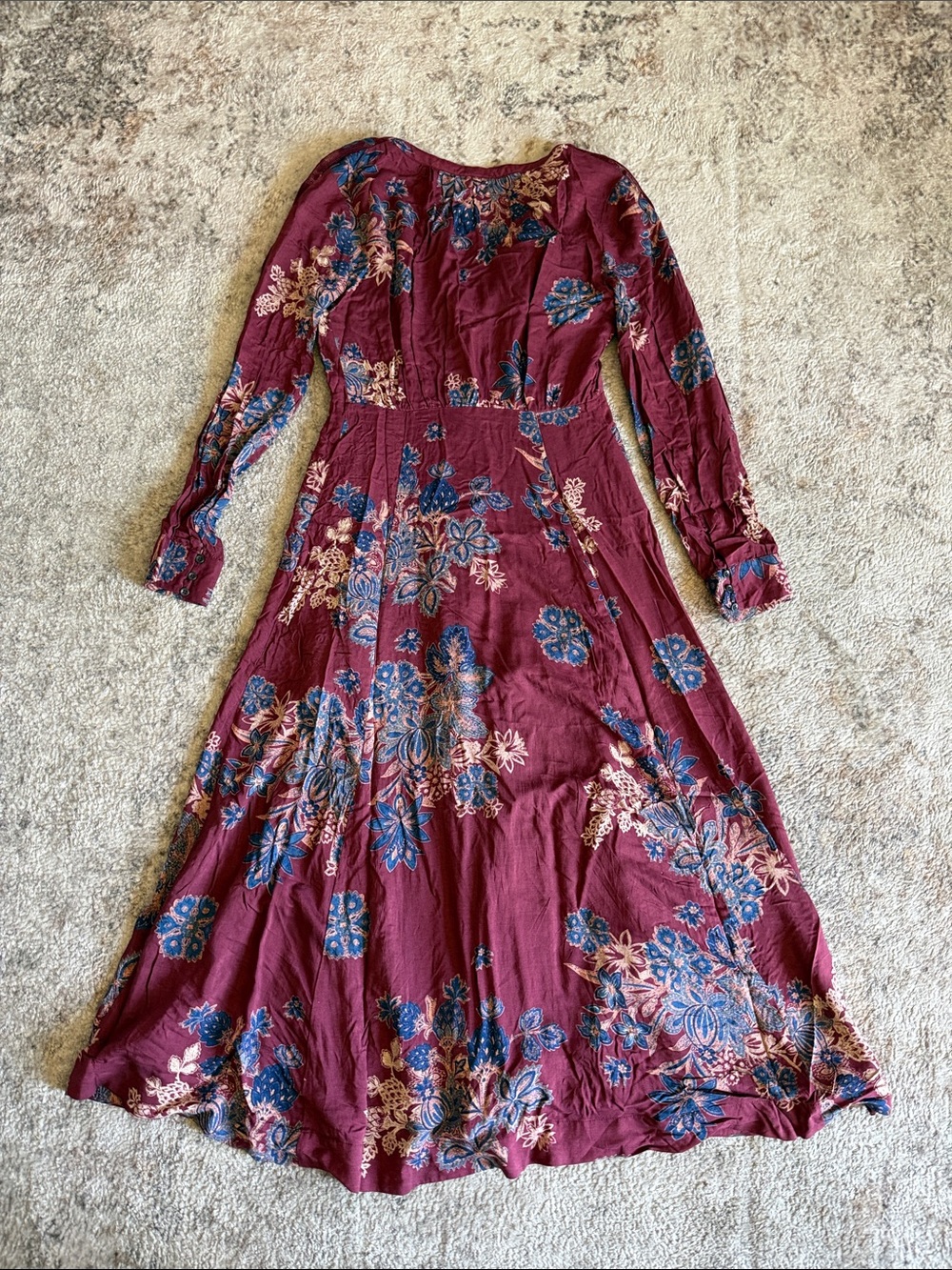 Free People Burgundy Floral Button Front Midi Maxi Dress Size 2 Boho Long Sleeve - Picture 6 of 9